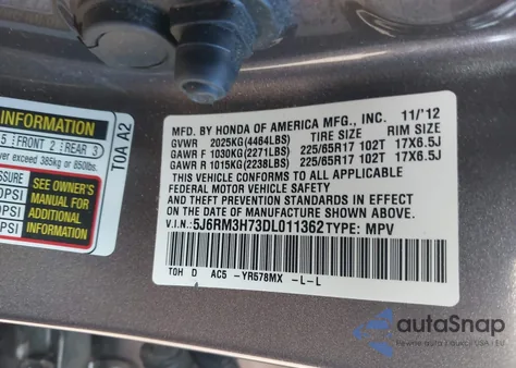 2013 Honda Cr-V Ex-L z USA, uszkodzony, nr VIN 5J6RM3H73DL011362